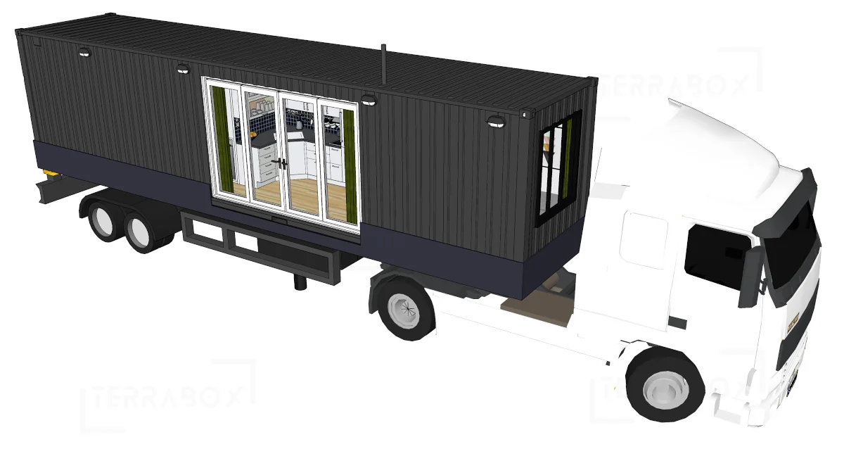 Container house loaded on a truck